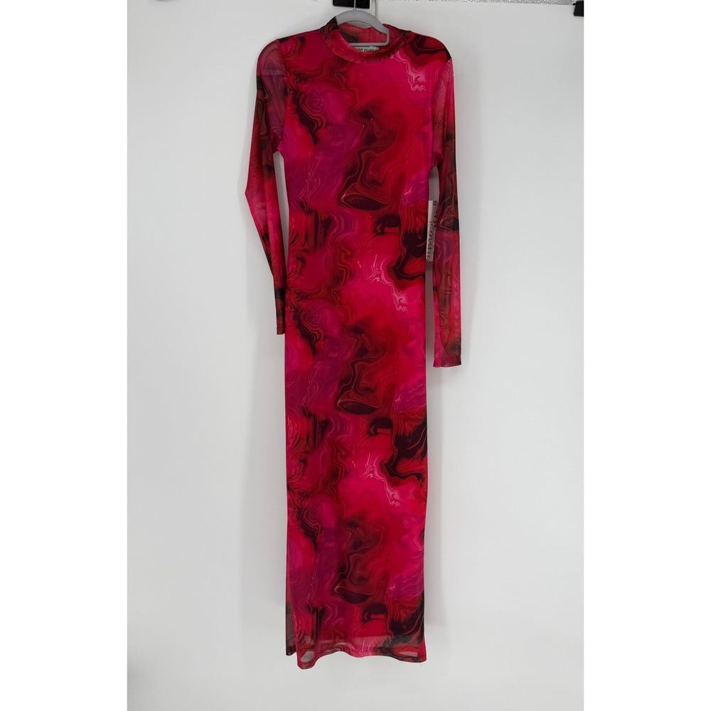 Almost Famous Maxi Dress Women XL Pink Marble Mesh Open Back Y2K Grunge Clubwear